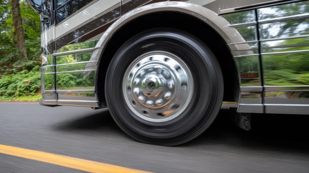 Close up shot of a motorhome tire and polish chrome wheel moving quickly down a paved road.